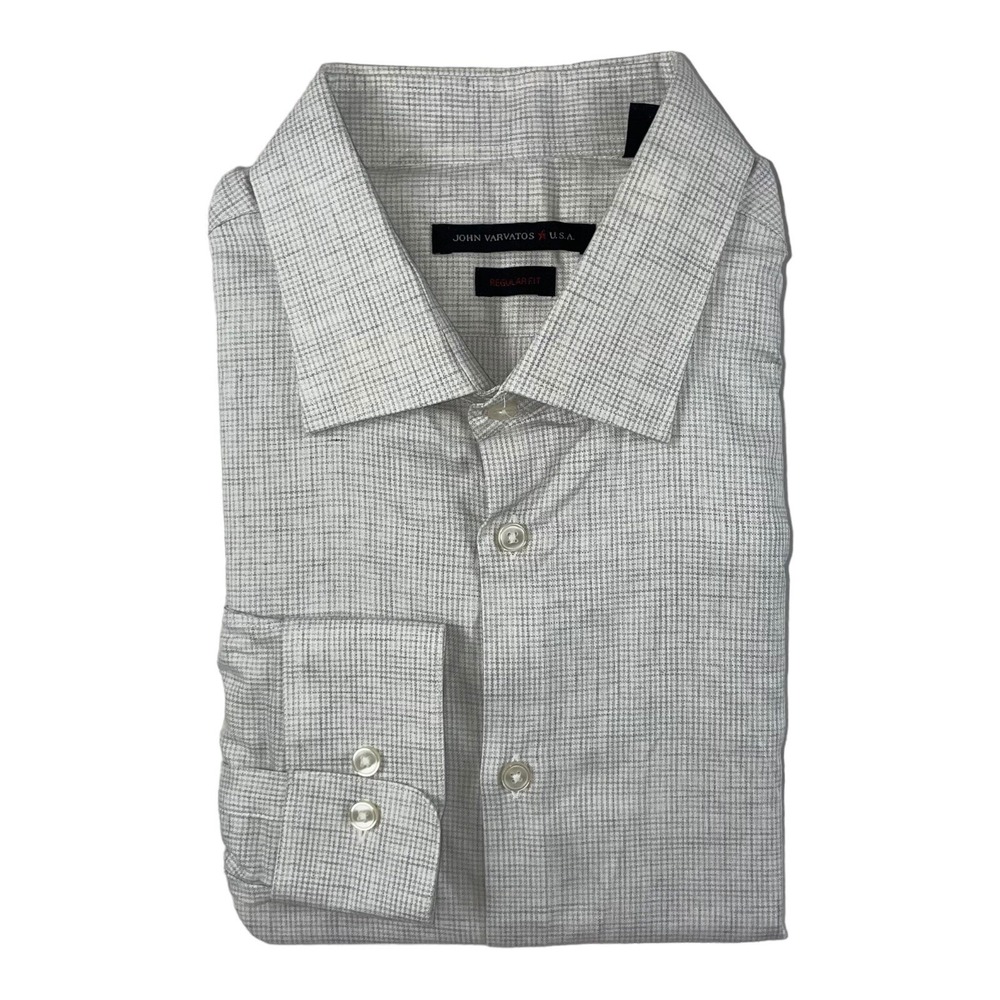 John Varvatos USA Mens Gray White Houndstooth Stretch Button Front Shirt 17/32